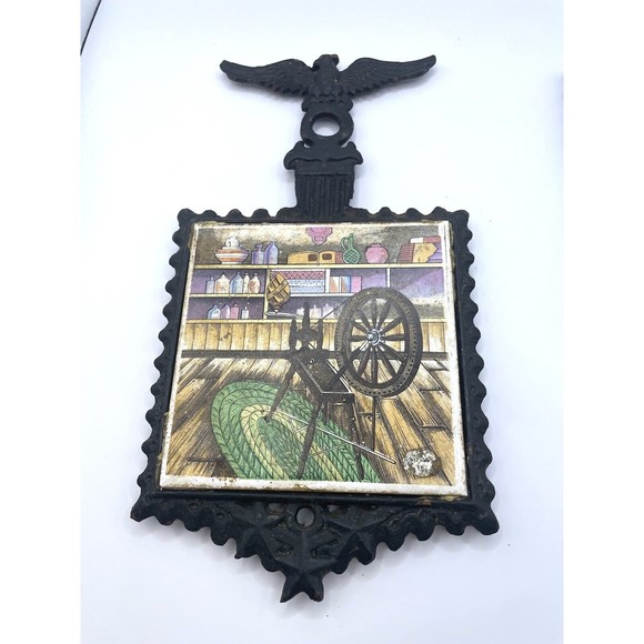Vintage Eagle Cast Iron Trivets With Hand Painted Tiles Made In Japan - Picture 3 of 9